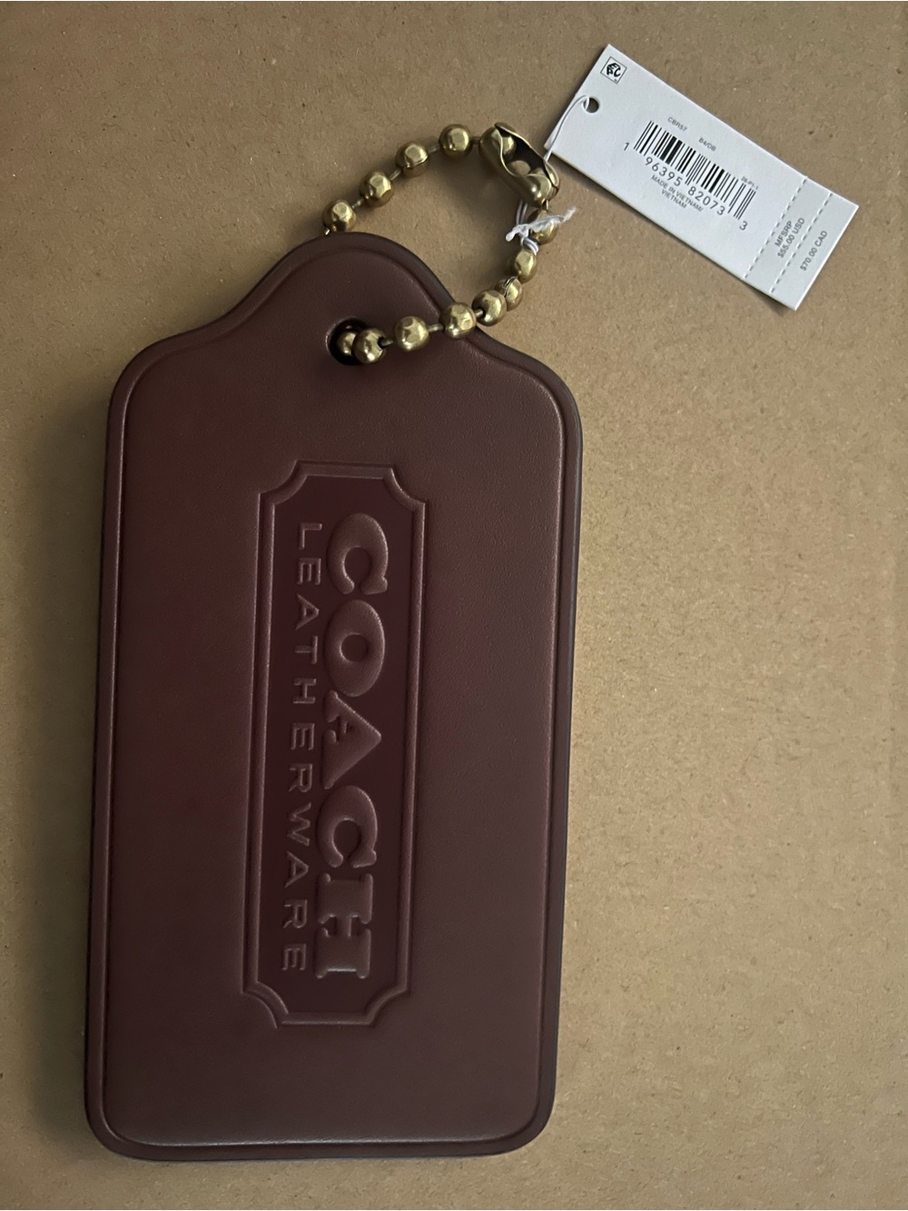 COACH Leatherware Brown Leather Luggage Tag with Gold Bead Chain